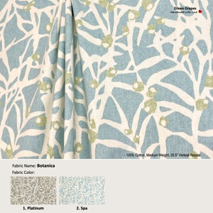 Botanica; 2 Colors; Floral Foliage Origami Branch Gray Blue; Cotton Curtain; Pleated, Lined Drapery Panel offered as upgrades
