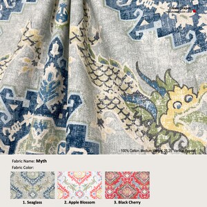 Myth; 3 Colors; Chinoiserie Toile Asian Dragon; Cotton Curtain, Valance; Extra width & Length, Pleated, Lined Drapery offered as upgrades