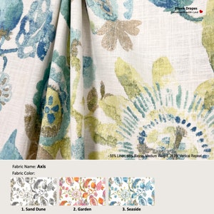 Axis; 3 Colors; Watercolor Floral Flower Blue Green; Linen Blend Curtain, Valance; Pleated, Lined Drapery Panel offered as upgrades