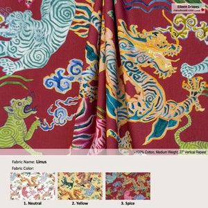Linus; 3 Colors; Asian Tigers Dragons Chinoiseries; Cotton Curtain, Valance; Extra width, Pleated, Lined Drapery Panel offered as upgrades
