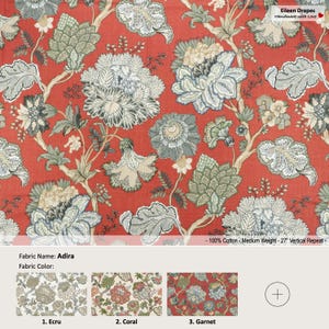 Adira; 6 Colors; Jacobean Flower Botanic; Cotton Curtain, Valance; Extra width & Length, Pleated, Lined Drapery Panel offered as upgrades
