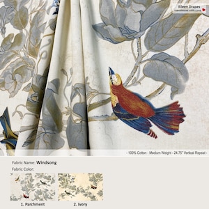Windsong; 2 Colors Parchment Ivory; Bird Floral Heritage Vintage; Cotton Curtain, Valance; Pleated, Lined Drapery Panel offered as upgrades