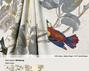 Windsong; 2 Colors Parchment Ivory; Bird Floral Heritage Vintage; Cotton Curtain, Valance; Pleated, Lined Drapery Panel offered as upgrades