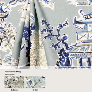 Ming; 2 Colors Stone Rain; Chinoiserie garden Toile Pavilion Gray Blue; Cotton Curtain, Valance; Pleated, Lined Drapery offered as upgrades