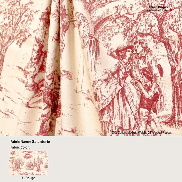 Galanterie; Color Rouge; French Toile Victorian; Cotton Curtain, Valance; Extra width, Pleated, Lined Drapery Panel offered as upgrades