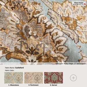 Castleford; 3 Colors; Floral Flower Blue Red Foliage Damask Toile; Cotton Curtain, Valance; Pleated, Lined Drapery Panel offered as upgrades