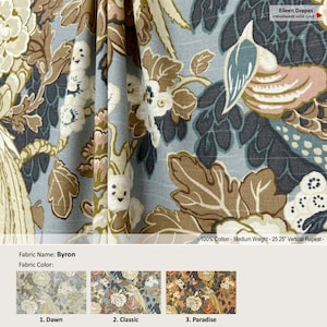 Byron; 3 Color; Jacobean Floral Flower Birds Phoenix Blue Orange; Cotton Curtain, Valance; Pleated, Lined Drapery Panel offered as upgrades
