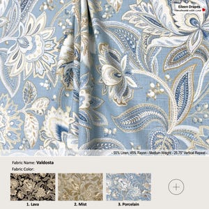 Valdosta; 5 colores; Jacobino Floral Flor Paisley Oro; Cortina de mezcla de lino, cenefa; Panel de cortina plisado y forrado disponible como mejoras