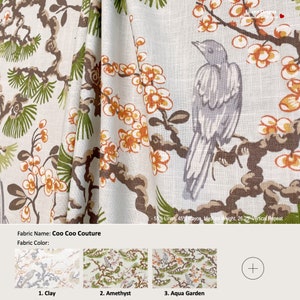 Coo Coo Couture; 7 Colors; Chinoiserie Bird Asian Pine Tree Floral; Linen Blend Curtain, Valance; Pleated, Lined Drapery offered as upgrades