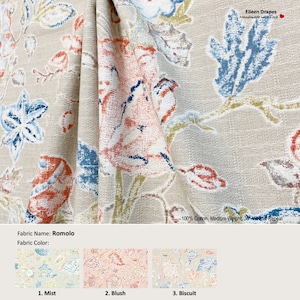 Romolo; 3 Colors Biscuit Mist Blush; Jacobean Floral Flower; Cotton Curtain, Valance; Pleated, Lined Drapery Panel offered as upgrades