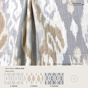 Ethnic Ikat; 6 Colors; Lattice Ogee White Grey; Cotton Curtain, Valance; Extra width & Length, Pleated, Lined Drapery offered as upgrades