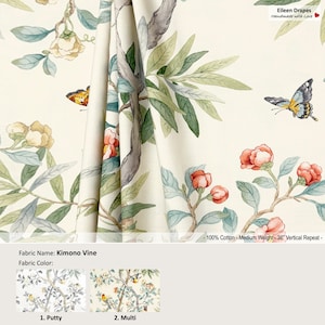 Kimono Vine; 2 Colors; Bird Rose Floral Flower; Cotton Curtain, Valance; Extra width & Length, Pleated, Lined Drapery offered as upgrades