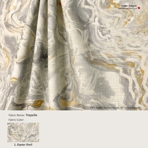 Trapello; Color Oyster Shell; Marble Grey Gold; Cotton Curtain, Valance; Extra width & Length, Pleated, Lined Drapery offered as upgrades