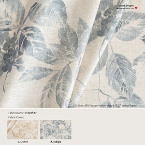 Heather; 2 Colors; Floral Leaves Beige; Linen Blend Curtain, Valance; Extra width & Length, Pleated, Lined Drapery Panel offered as upgrades