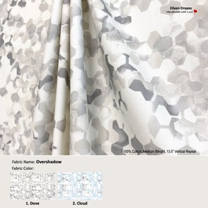 Overshadow; 2 Color Dove Cloud; Geometric Modern; Cotton Curtain, Valance; Extra width, Pleated, Lined Drapery Panel offered as upgrades