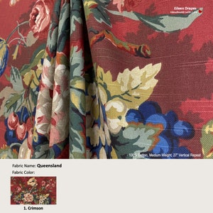Queensland; Color Crimson red; French Toile Vintage Floral; Cotton Curtain, Valance; Pleated, Lined Drapery Panel offered as upgrades