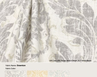 Downton; 3 Colors Graphite Gold Mist; Floral Flower Damask Ivory; Linen Blend Curtain, Valance; Pleated, Lined Drapery offered as upgrades