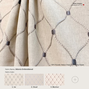 Adonis Embroidered; 5 Colors; Lattice Scrollwork Ogee Natural; Polyester Curtain, Valance; Pleated, Lined Drapery Panel offered as upgrades