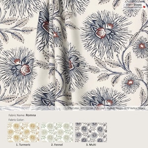 Romna; 3 Colors; Floral Gold Blue; Cotton Blend Curtain, Valance; Extra width & Length, Pleated, Lined Drapery Panel offered as upgrades