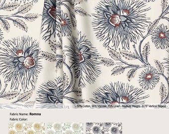 Romna; 3 kleuren; Bloemen goudblauw; Gordijn van katoenmix, volant; Extra breedte en lengte, geplooid, gevoerd draperiepaneel aangeboden als upgrades