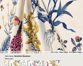 Berkshire Meadows; 3 Colors; Floral Botanical Butterfly Isabella Blue Green; Cotton Curtain; Pleated Lined Drapery Panel offered as upgrades