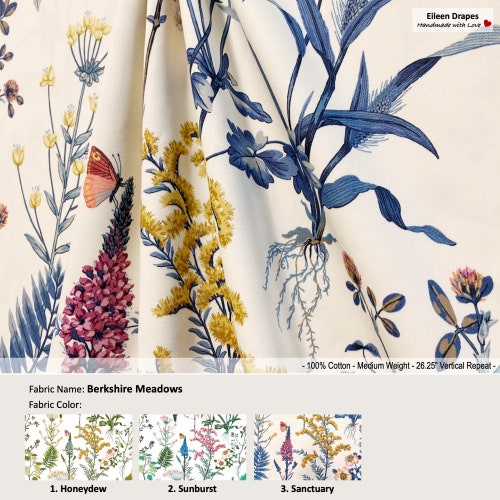 Berkshire Wiesen; 3 Farben; Florale botanische Schmetterling Isabella Blau Grün; Baumwollvorhang; Plissee gefütterte Drapery Panel als Upgrade angeboten