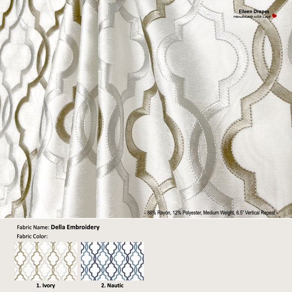 Della Embroidery; 2 Colors; Trellis Lattice Silk; Rayon Blend Curtain, Valance; Extra width, Pleated, Lined Drapery Panel offered as upgrade