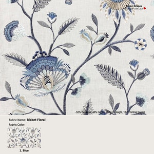 Blabet Floral; Color Blue; Embroidery Flower Beige; Cotton Curtain, Valance; Extra width, Pleated, Lined Drapery Panel offered as upgrades