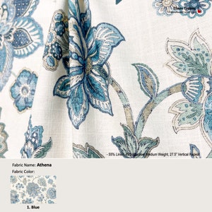Athena; Color Blue; Jacobean Floral Flower; Cotton Curtain, Valance; Extra width & Length, Pleated, Lined Drapery Panel offered as upgrades