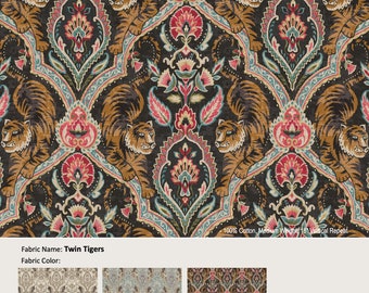 Twin Tigers; 3 Colors; Chinoiserie Asian; Cotton Curtain, Valance; Extra width & Length, Pleated, Lined Drapery Panel offered as upgrades