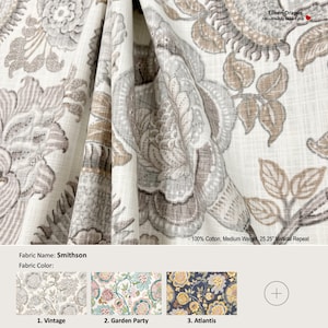 Smithson; 4 Colors; Jacobean Floral Flower Beige Brown Gray; Cotton Curtain, Valance; Pleated, Lined Drapery Panel offered as upgrades