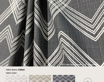 Colton; 7 colores; rayas geométricas de diamantes en gris, azul y blanco; cortina de algodón, cenefa; panel de cortina plisado y forrado que se ofrece como mejoras