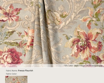 Fresco bloeit; Kleur juweel; Vintage bloementoilet; Katoenen gordijn, volant; Extra breed, geplooid, gevoerd draperiepaneel aangeboden als upgrades