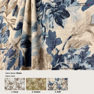 Eloise; 3 Colors; Watercolor Flower White Vintage Blue; Cotton Blend Curtain, Valance; Pleated, Lined Drapery Panel offered as upgrades