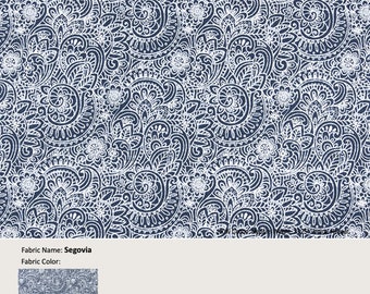 Segovia; Color Italian Denim; Paisley Blue; Cotton Curtain, Valance; Extra width & Length, Pleated, Lined Drapery Panel offered as upgrades