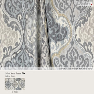 Lunar Sky; Color Birch; Damask Ikat Blue Gray Beige; Cotton Curtain, Valance; Pleated, Lined Drapery Panel offered as upgrades