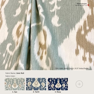 Java Ikat; 6 Colors Yacht Navy Spa Pewter Barley Umber; Modern; Cotton Curtain, Valance; Pleated, Lined Drapery Panel offered as upgrades