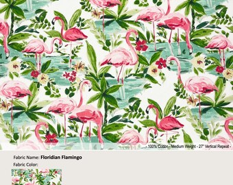 Flamenco floridano; Color Bloom; Flor tropical rosa acuarela; Cortina de algodón, cenefa; Panel de cortina plisado y forrado disponible como mejoras