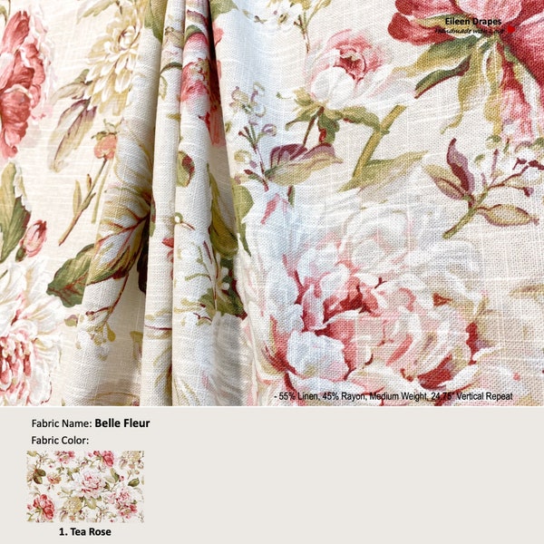 Belle Fleur; Color Tea Rose; Floral Flower Pink Ivory; Linen Blend Curtain, Valance; Pleated, Lined Drapery Panel offered as upgrades