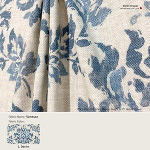 Vanessa; Color Denim Blue; Floral Damask Beige Ivory Lotus; Linen Blend Curtain, Valance; Pleated, Lined Drapery Panel offered as upgrades