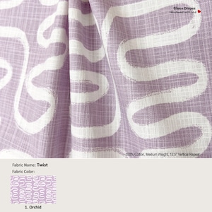 Twist; Color Orchid; Abstract Purple White; Cotton Curtain, Valance; Extra width & Length, Pleated, Lined Drapery Panel offered as upgrades