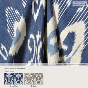 Bansuri Ikat; 2 Colors; Contemporary Gray Blue; Linen Curtain, Valance; Extra width, Pleated, Lined Drapery Panel offered as upgrades