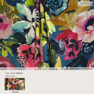 Davina; Color Garden; Watercolor Floral Flower Bloom; Cotton Curtain, Valance; Extra width, Pleated, Lined Drapery Panel offered as upgrades