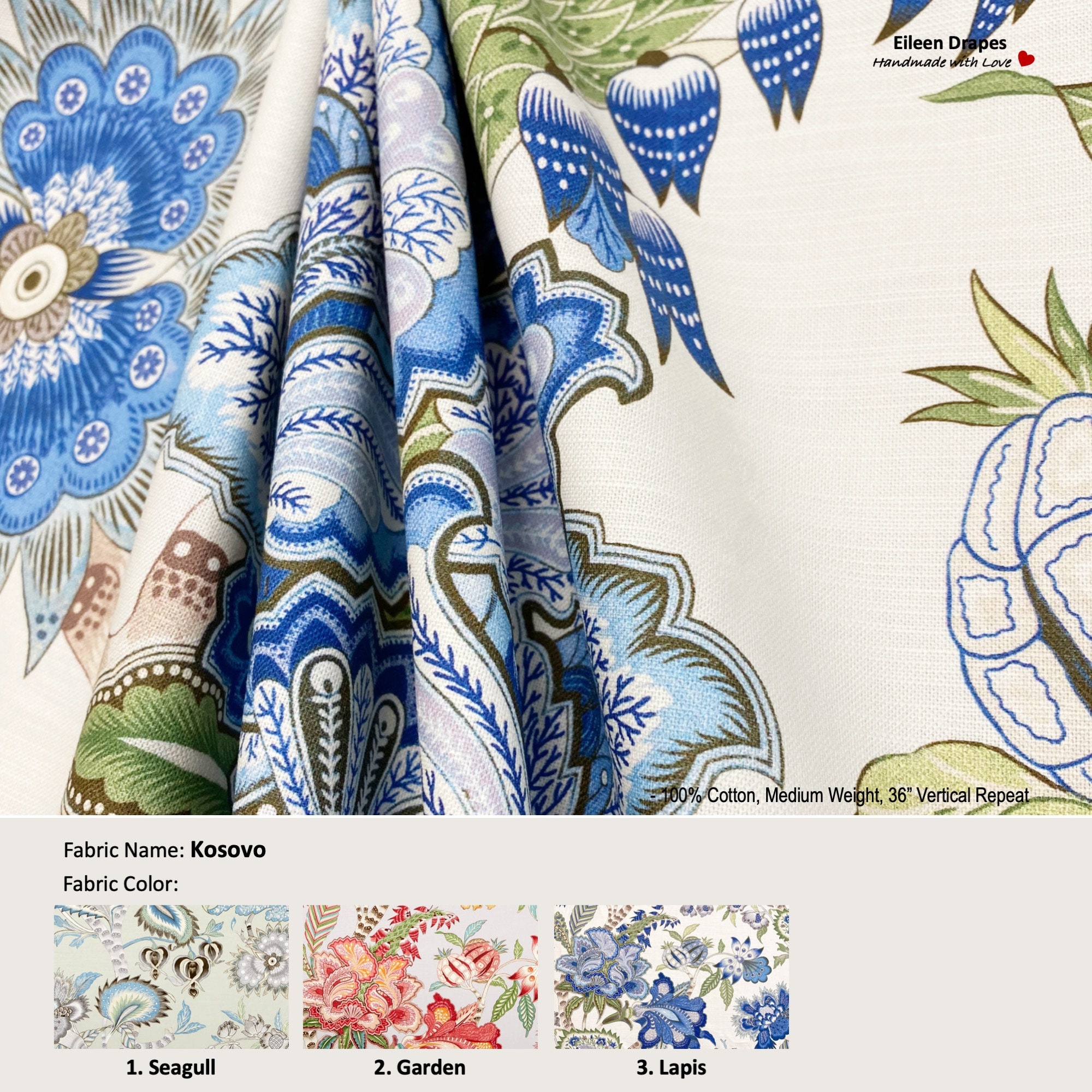Blue & White Jacobean Floral Fabric, Vintage-style Fabric, 100