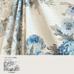 Juliet; Color Bluebell; Floral Flower Blue; Cotton Curtain, Valance; Extra width & Length, Pleated, Lined Drapery Panel offered as upgrades