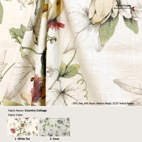 Country Cottage; 2 Colors; Watercolor Flower Floral Lottie Garden Ivory Grey; Linen Blend Curtain; Pleated, Lined Drapery offered as upgrade