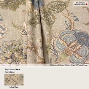 Ivana; Color Sea Glass; Jacobean Floral Flower Blue Taupe; Linen Blend Curtain, Valance; Pleated, Lined Drapery Panel offered as upgrades