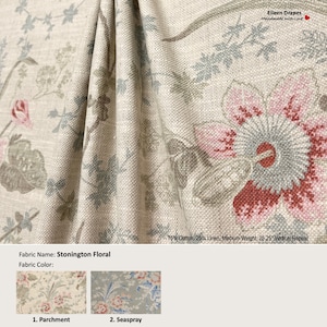 Stonington Floral; 2 Colors; Rose Flower Laura Floral; Linen Blend Curtain, Valance; Extra width, Pleated, Lined Drapery offered as upgrades