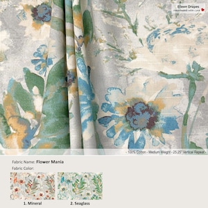 Flower Mania; 2 Colors; Watercolor Floral Flower; Cotton Curtain, Valance; Extra width, Pleated, Lined Drapery Panel offered as upgrades