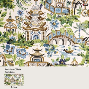 Yakata; Colore avorio; Chinoiserie Garden Pagoda Toile Orientale Asiatico; Tenda di cotone, volant; Tendaggio plissettato e foderato offerto come upgrade
